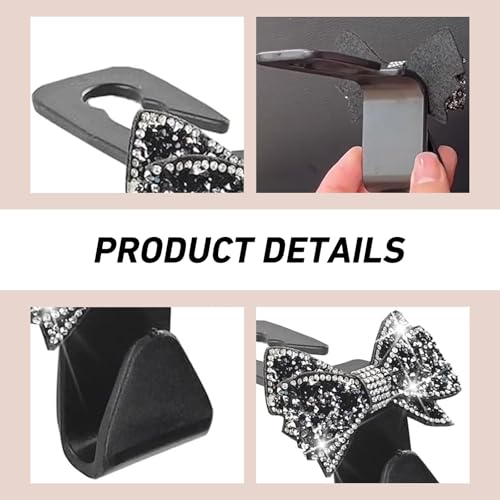 WZP 2PCS Bling Car Seat Headrest Hooks, Cute Bow Crystal - Product Imagery