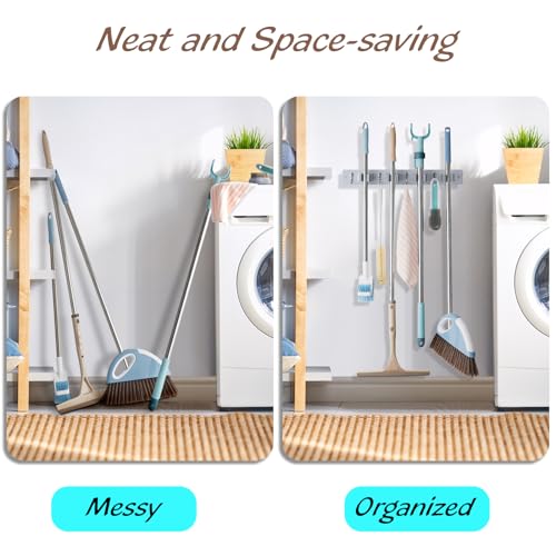 OUTNILI Gray Mop Broom Holder Wall Mount with 4 Slots & 4 Hooks - Product Imagery