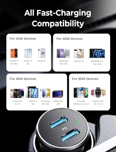 LISEN 90W USB C Car Charger USB C Fast Charge,45W PD&QC3.0 Fast - Product Imagery
