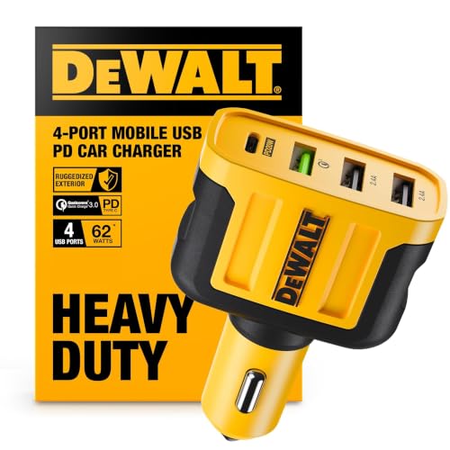 DEWALT Heavy Duty 4 Port USB C Car Charger Multiport, Fast 60W - Product Imagery