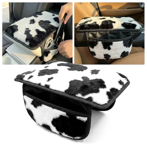 Plush Fuzzy Car Center Console Cover with 2 Side Pockets, Cow - Product Imagery