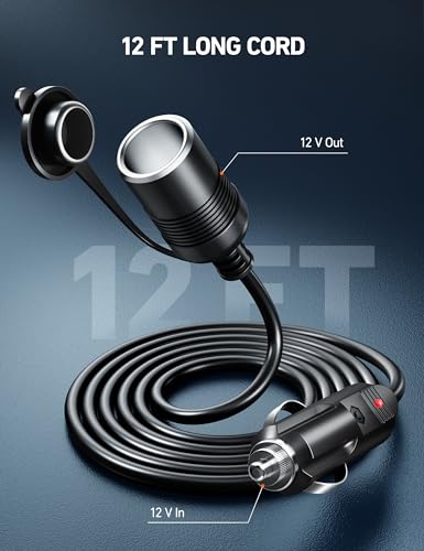 AstroAI 12Ft/12V Cigarette Lighter Cord, 120W/15A Male to Female - Product Imagery