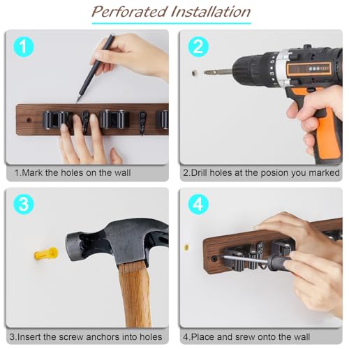 OUTNILI Mop Broom Holder Wall Mount with 3 Slots & 4 Hooks - - Product Imagery
