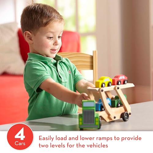 Melissa & Doug Car Carrier Truck and Cars Wooden Toy Set with 1 - Product Imagery