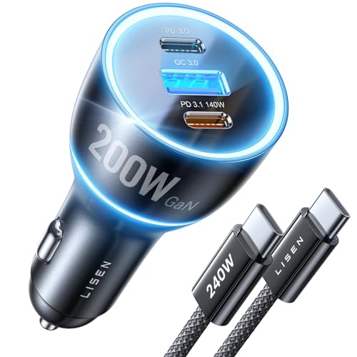 LISEN 200W Car Charger USB C Fast Charge [GaN] PD 140W Fast Car - Product Imagery