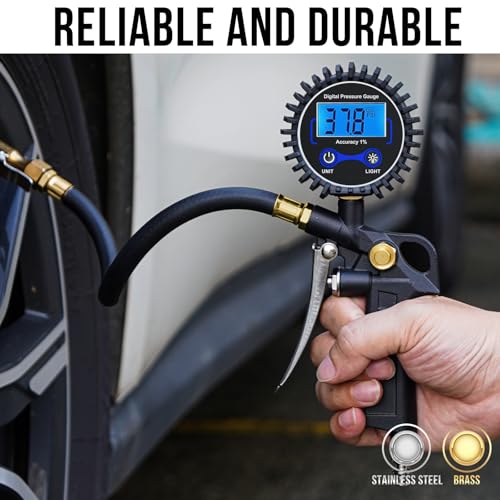 Digital Tire Pressure Gauge with Inflator 3-250 PSI, Heavy Duty - Product Imagery