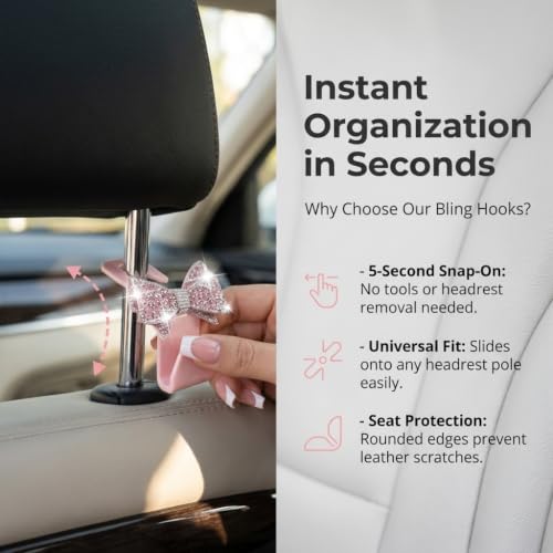 2 PCS Bling Car Seat Headrest Hooks, Rhinestone 3D Bow Hanging - Product Imagery