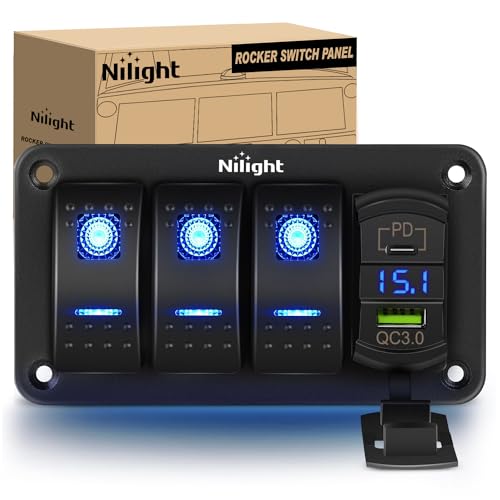 Nilight 3 Gang Rocker Switch Box 12V SPST ON Off PD Type C and - Product Imagery