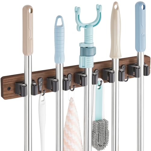 OUTNILI Mop and Broom Holder Wall Mount - Wood Broom Mop Hanger - Product Imagery