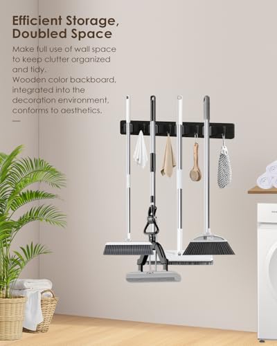 AceMining Black Broom Holder Wall Mount, 4 Holders 4 Hooks Mop - Product Imagery