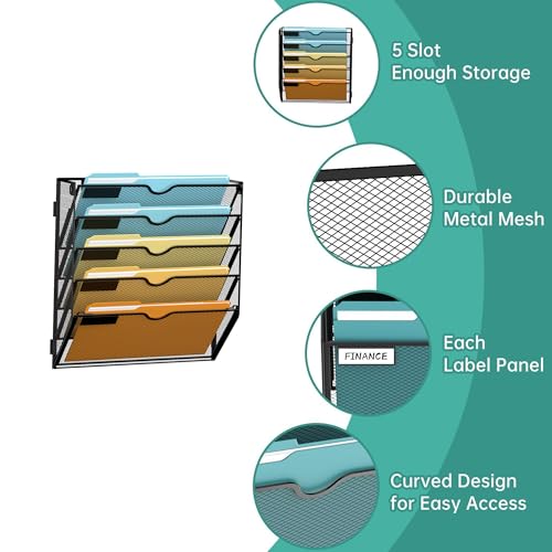 SUPEASY 5 Tier Wall File Organizer, Hanging Wall Mounted Mail - Product Imagery