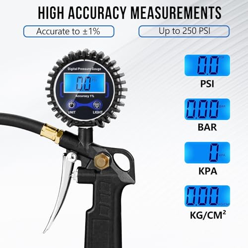 Digital Tire Pressure Gauge with Inflator 3-250 PSI, Heavy Duty - Product Imagery