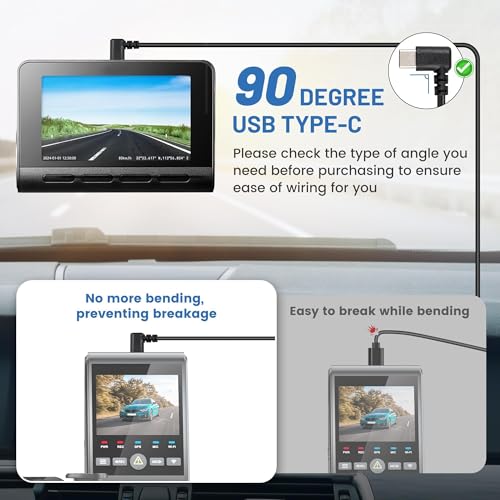 EWAY USB C Dash Cam Power Cord (13FT/4M), 90 Degree USB-A 2.0 to - Product Imagery