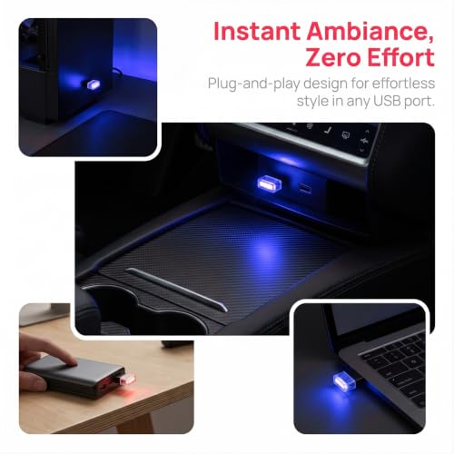 4PCS USB LED Car Interior Atmosphere Lamp, Portable Mini, Blue - Product Imagery