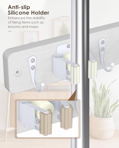 AceMining White Broom Holder Wall Mount, 4 Holders 4 Hooks Mop - Product Imagery