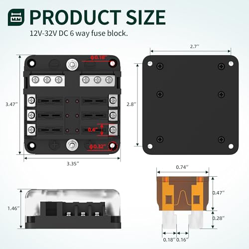DaierTek 12V Fuse Block 6 Way 12 Volt Fuse Box ATO/ATC Marine - Product Imagery