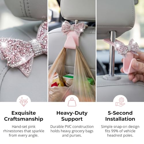2 PCS Bling Car Seat Headrest Hooks, Rhinestone 3D Bow Hanging - Product Imagery