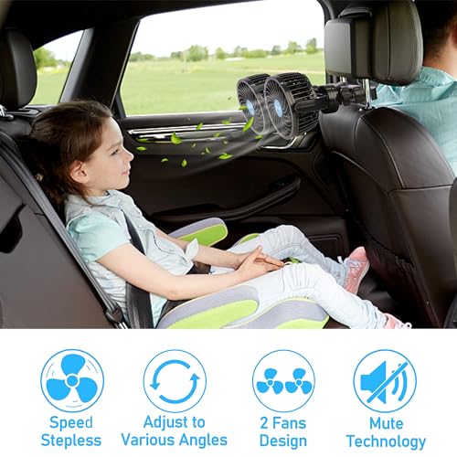 QIFUN 12V Car Fan, Portable Car Fan Cool Gadgets for Rear Seat - Product Imagery