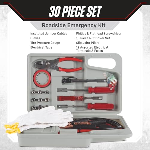 Stalwart Roadside Emergency Car Kit, 30-Piece, Gray/Red - Product Imagery