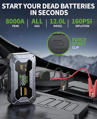 8000A 160PSI Jump Starter with Air Compressor, 12V Car Battery - Product Imagery