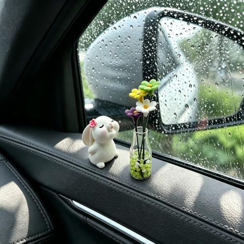 Set of 2 Cute Mini Bunny and Daisy Flower Vase Car Rearview - Product Imagery