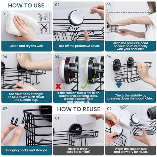TAILI Shower Caddy Suction Cup 2 Pack with Hooks & Soap holder, - Product Imagery
