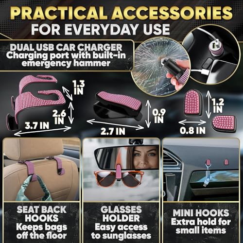 Pink Bling Car Accessories Set, 27 Pcs, for Women Drivers - Product Imagery