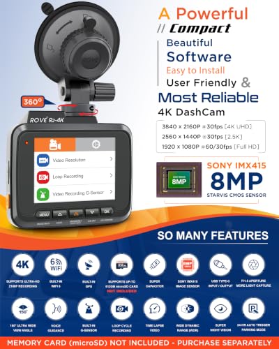 ROVE R2-4K Dash Cam, 4K UHD 2160P Car Camera, 8MP Sensor, WiFi 6 - Product Imagery