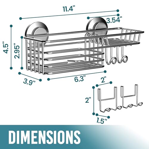 TAILI Shower Caddy Suction Cup with Hooks & Soap Holder, Silver - Product Imagery