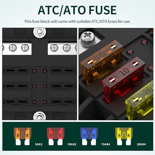 DaierTek 12V Fuse Block 6 Way 12 Volt Fuse Box ATO/ATC Marine - Product Imagery