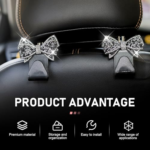 2PCS Bling Bow Car Seat Headrest Hooks, S Type Cute Bow Car Seat - Product Imagery
