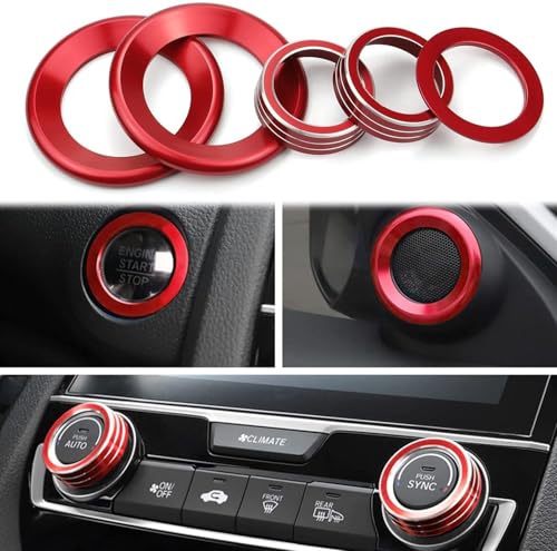 5-Pc Aluminum Knob Trim Kit for Honda Civic 2016-2021, Red - Product Imagery