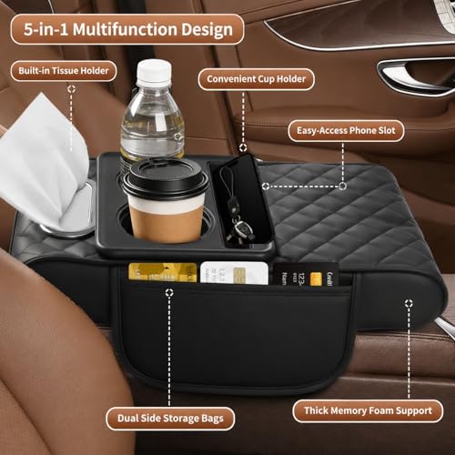 5-in-1 Universal Car Center Console Cover with Cup Holder, Black - Product Imagery