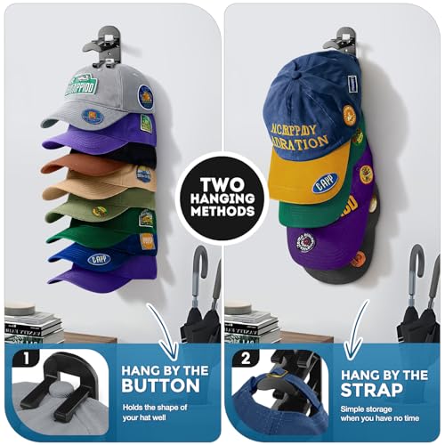2 Pack Hat Organizer for Baseball Caps, Hat Rack for Wall Hold - Product Imagery