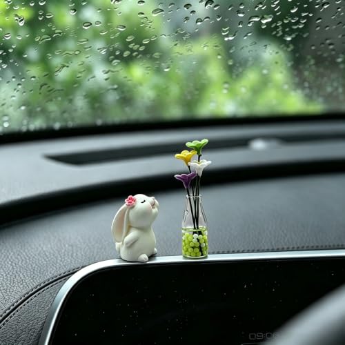Set of 2 Cute Mini Bunny and Daisy Flower Vase Car Rearview - Product Imagery