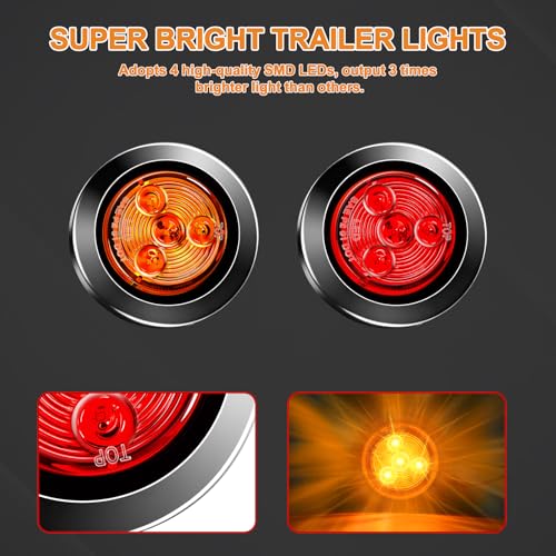 10Pack(5 Amber + 5 Red) 2" 4LED Round Trailer Side Marker Light - Product Imagery