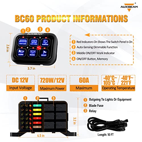 Auxbeam 6 Gang Switch Panel BC60, Universal Circuit Control - Product Imagery