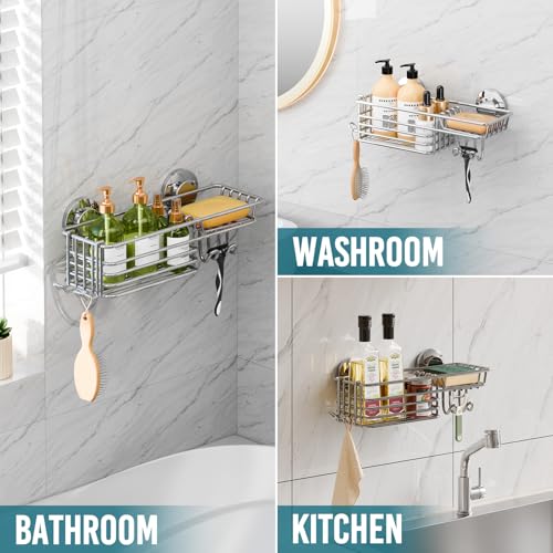TAILI Shower Caddy Suction Cup with Hooks & Soap Holder, Silver - Product Imagery