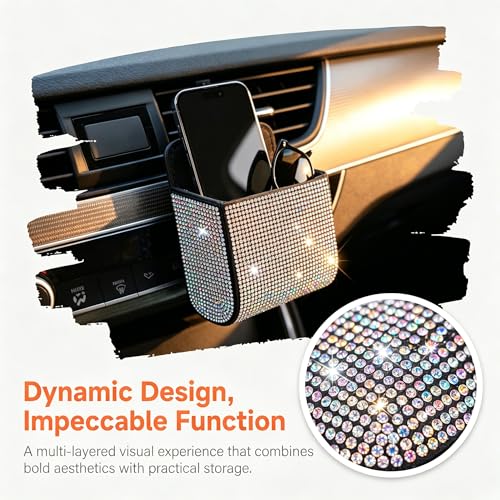 Car Air Vent Storage Organizer, Bling Rhinestone Leather Pouch - Product Imagery