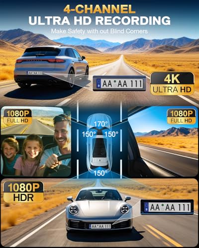 4 Channel 360° Dash Cam, 4K Front + 1080P Rear/Left/Right, 5GHz - Product Imagery