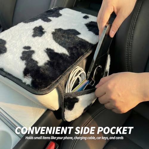 Plush Fuzzy Car Center Console Cover with 2 Side Pockets, Cow - Product Imagery