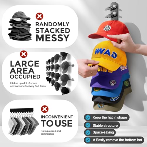 2 Pack Hat Organizer for Baseball Caps, Hat Rack for Wall Hold - Product Imagery