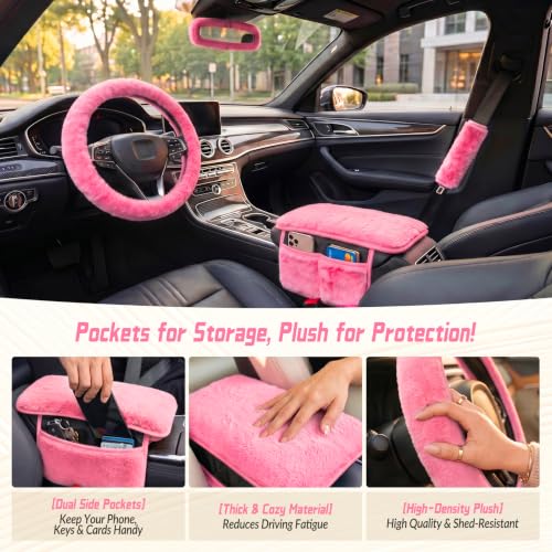 5 Pcs Fuzzy Pink Color Car Accessories Set, Soft Fluffy Plush - Product Imagery