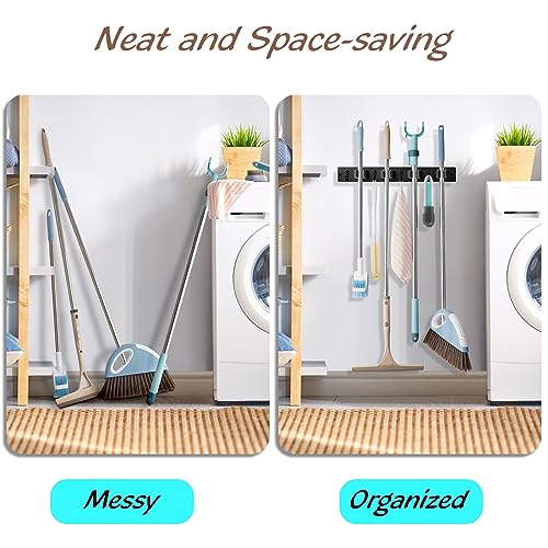 OUTNILI Black Mop Broom Holder Wall Mount with 4 Slots & 4 Hooks - Product Imagery