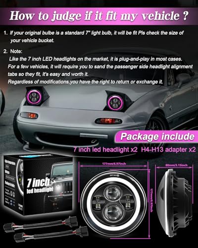 ZIMABLUE 7 inch Led Headlights Round Pink Purple Halo led H6024 - Product Imagery