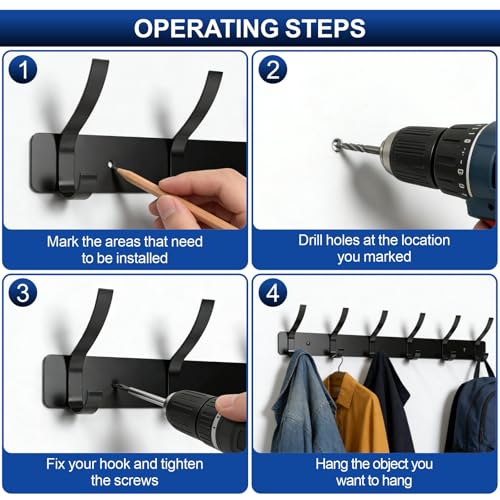 Wall Mounted Coat Rack, 6 Hooks for Hanging Clothes, Black, - Product Imagery