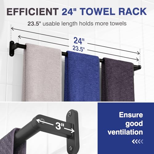 Powools Matte Black 24" Towel Rack, Rustproof Wall Mounted Towel - Product Imagery