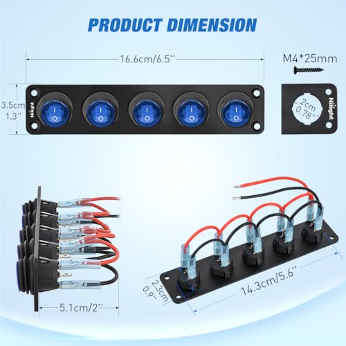 Nilight 5 Gang Rocker Switch Panel IP67 Waterproof 12V/24V - Product Imagery