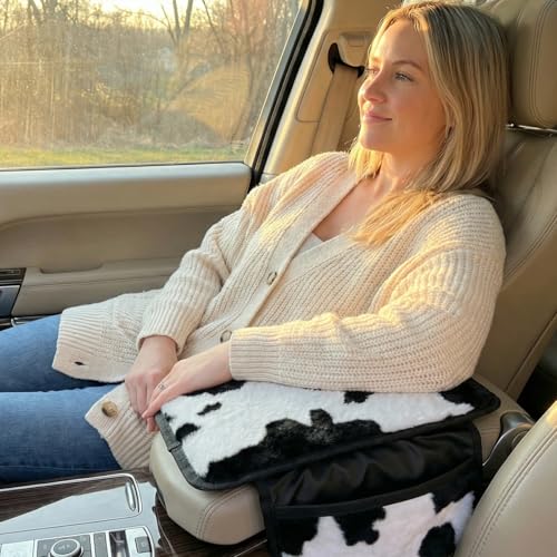 Plush Fuzzy Car Center Console Cover with 2 Side Pockets, Cow - Product Imagery