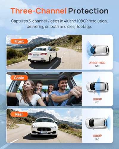 70mai 4K Dash Cam Front and Rear Inside, 3 Channel Car Dash - Product Imagery